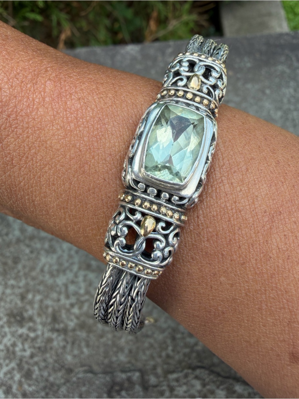 GA Surati Green Amethyst Sterling Silver 18K Gold Bali Bracelet